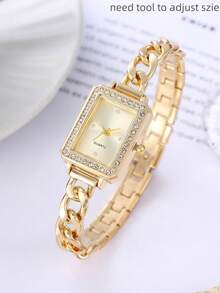 1pc Women's Gold-Color Metal Strap Fashion Square Pink Dial Quartz Watch, Suitable For Everyday Wear, Requires Tool To Adjust Size And Disassemble - Gold - View 4