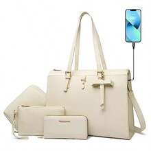 Keyli 4pc Sets Laptop Bag for Women Large Leather Laptop Briefcase with USB Charging Port Computer Shoulder tote Bags Purse - Caqui - Ver 1