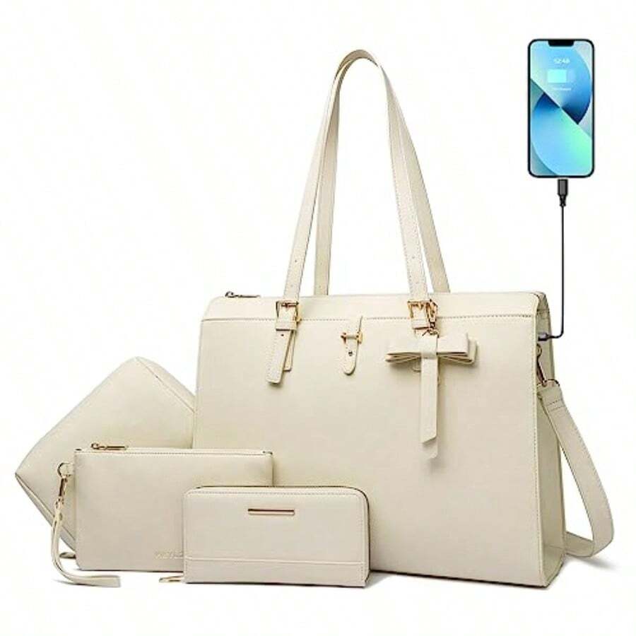 Keyli 4pc Sets Laptop Bag for Women Large Leather Laptop Briefcase with USB Charging Port Computer Shoulder tote Bags Purse - Caqui - Ver 1