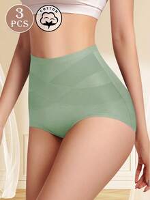 MEIYATING 3条装女士高腰纯棉三角裤，收腹提臀，交叉绑带设计 - 彩色 - 查看 3