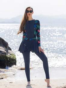 中东风格长袖连体裤印花保守女士布基尼全身泳衣，夏季海滩 - 藍色 - 查看 1