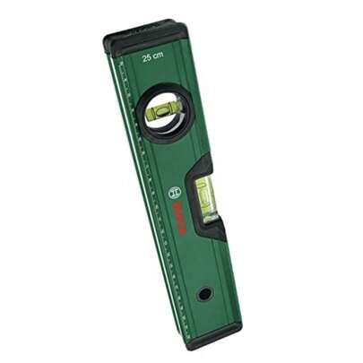 Bosch Home And Garden Spirit Level 25 Cm Precise Alignment With 2x Fluorescent Bubbles For Horiziontal And Vertical Reading; Metric Scale; Aluminum Body Softgrip Bumpers; V-Groove