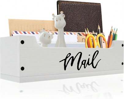 KISENG White Wooden Mail Organizer Countertop - Mail Organizer Wall Mounted, Office Mail Holder, Desktop Mail Basket For Counter, Letter Holder Box For Home Office Decor (White +Black Mail, 3.15")