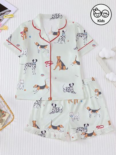 2件套可爱斑点狗印花少女短袖短裤睡衣套装，儿童卡通睡衣，新款阻燃翻领短袖上衣，宽松弹力腰短裤，柔软舒适家居服，适合室内外穿着，少女及青少年狗狗印花短袖睡衣套装