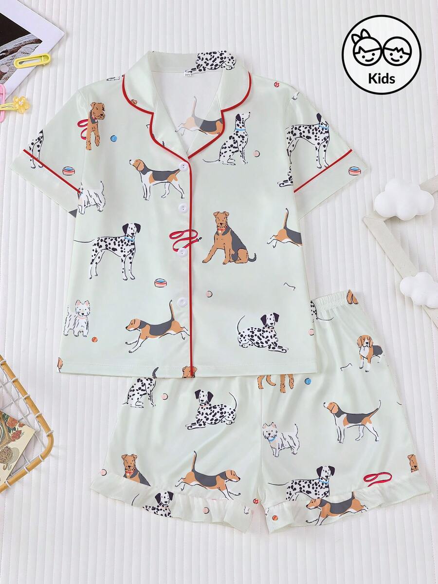 2件套可爱斑点狗印花少女短袖短裤睡衣套装，儿童卡通睡衣，新款阻燃翻领短袖上衣，宽松弹力腰短裤，柔软舒适家居服，适合室内外穿着，少女及青少年狗狗印花短袖睡衣套装