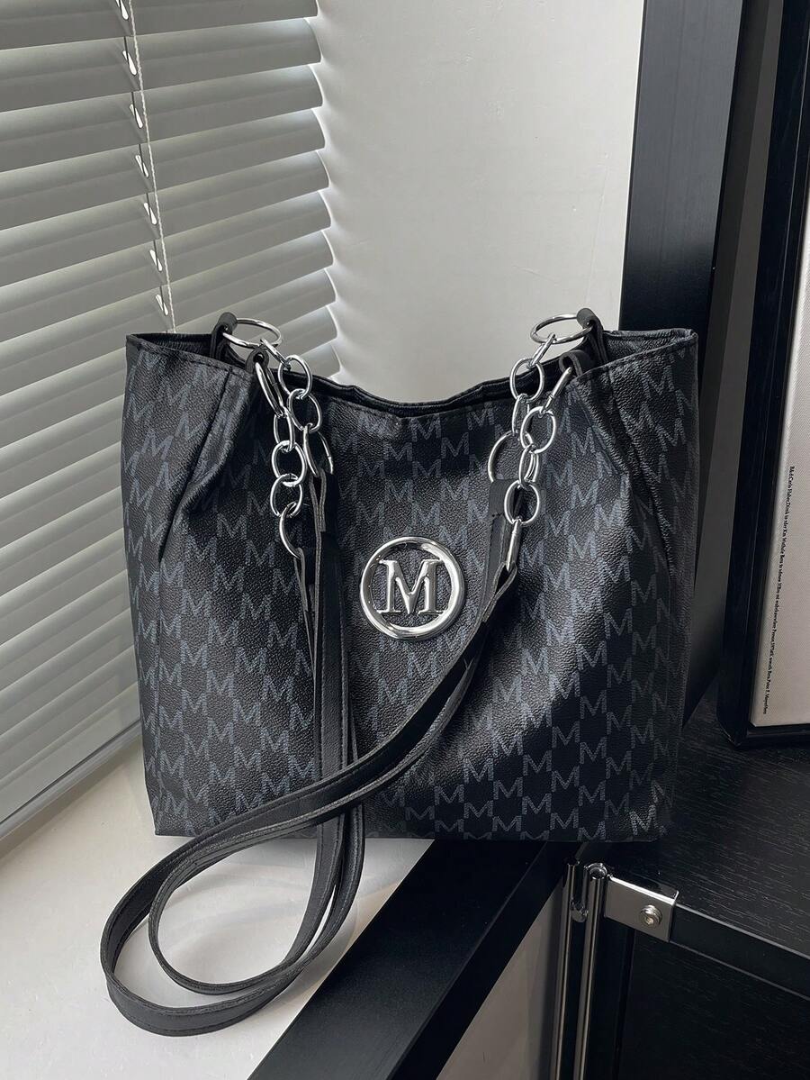 1pc Women's Fashion Commuter Letter Print Shoulder Bag, Portable Versatile Large Capacity Tote Bag, Suitable For Dates, Shopping, Gifts, Work - Black - View 1