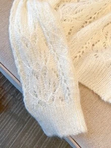 Women's Long Sleeve Knitted Cover Up Top, Personalized Twist Hollow V-Neck Tie Waist Spring Outerwear Knit Cover-Up, Beach Cover-Up - Apricot Color - View 5