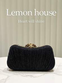 1 pieza Bolso de mano de noche elegante y brillante con volantes en negro, bolso de mano de mujer de moda y sofisticado, adecuado para ocasiones formales como bodas, fiestas, galas - Negro - Ver 5