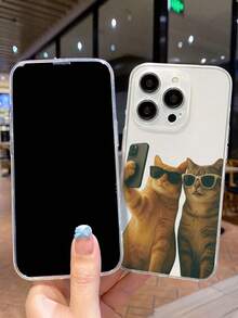 Cartoon Cat With Glasses Painted Anti-Drop Transparent Minimalist Shockproof Phone Case Compatible With IPhone 17/17 Pro, 16/15 XR/7/8, 16 Pro Max, 13/14 Series, Galaxy, Redmi 10/9/Note Series - Multicolor - View 5