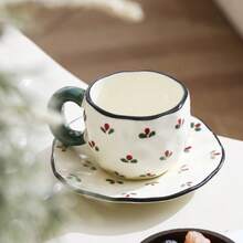 釉下彩陶瓷手绘咖啡杯碟套装，高品质可爱拉花马克杯碟套装 - 彩色 - 查看 13