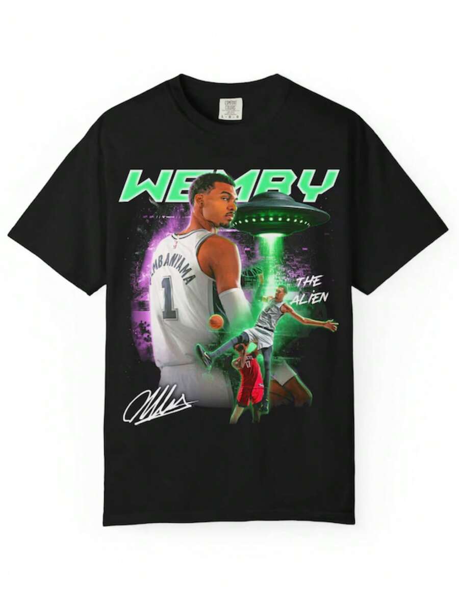 Wembanyama Alien T-Shirt _ Wemby Tee _ Spurs Retro Basketball Shirt - màu đen - Xem 1