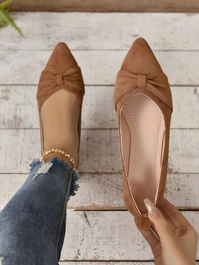 Women's Brown Minimalist Flat Shoes With Pleated Toe, Elegant Style, Outdoors In Summer, Faux Suede