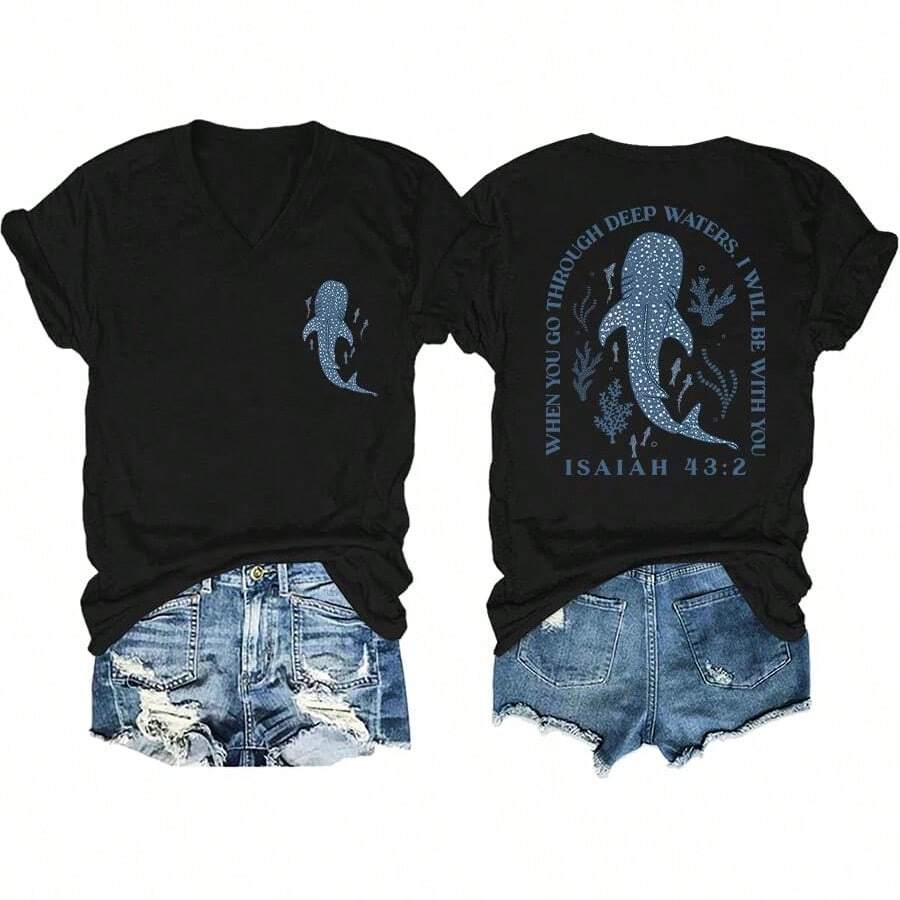 Cute Shark Shirt Whale Shark Christian Summer Shirt Ocean Fish Animal Lover Marine Life Women's Top - 黑色 - 查看 1