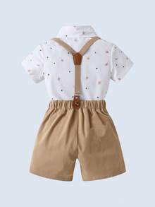 BOARNSEORL 2pcs Young Boys Gentleman Outfit - Short Sleeve Shirt With Bow Tie And Khaki Suspender Shorts, Fashionable & For Birthday Party, Formal Occasions - Khaki - View 4