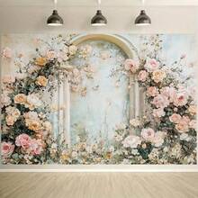 2D flaches Banner 1 Stück Vintage Garten Blumen Hintergrund - Romantische Bögen geschmückt mit blühenden Rosen und zarten rosa Blüten. Eine märchenhafte Polyester Fotografie Kulisse, perfekt für Hochzeiten, Jahrestage, elegante Veranstaltungen und Partydekorationen. Hochzeitsdekoration. - 1 PCS (1 Stück) - Übersicht 5