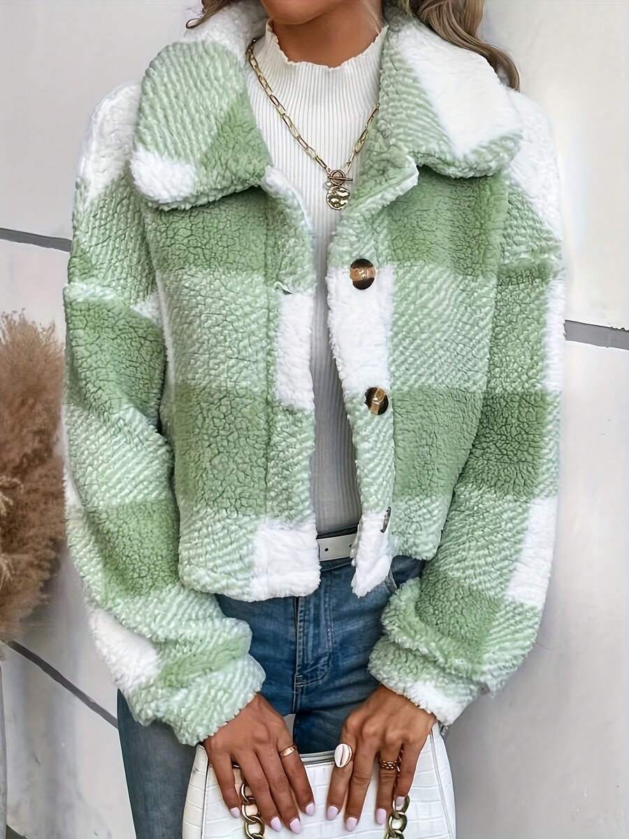 Women's Sherpa Fleece Plaid Crop Jacket - Multi-Color Cozy Casual Outdoor Coat SherpaFleeceJacket PlaidOutdoorCoat - 綠色 - 查看 1