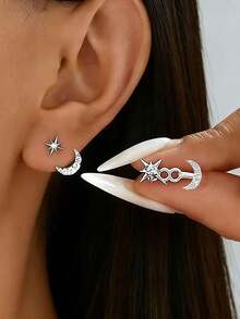 Minimalist Zirconia Moon & Star Dual-Wear Earrings, Petite & Fashionable Earrings With Luxurious Vibe, Suitable For Outings, Gatherings, Parties, New Year, Valentine's Day, Mother's Day, Ramadan, And Various Festivals - Silver - View 7