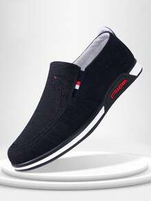 2026新款男士休闲鞋，舒适透气布面鞋，圆头套脚鞋，轻便软底刺绣商务休闲鞋 - 黑色 - 查看 2