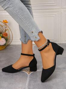 春夏新款仙女风尖头绒面高跟凉鞋，黑色专业镂空中跟罗马凉鞋 - 黑色 - 查看 4