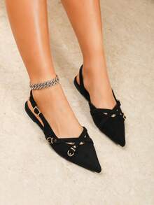 新款时尚女士尖头黑色交叉绑带休闲平底凉鞋，春夏款 - 黑色 - 查看 5