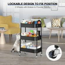 3-Tier Utility Rolling Cart With Handle And Lockable Wheels, Metal Storage Organizer With Mesh Baskets For Kitchen, Living Room, Office, And Garage (Black) - Black + Normal - View 4