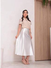Women's Skirt, Formal Skirt, A-Line Satin Midi Skirt, Elegant Skirt, Stylish, Asymmetrical. - 白色 - 查看 2