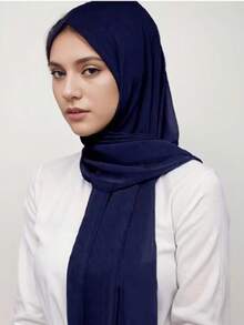 1pc Women's Casual Solid Color Soft Modal Frill Trim Headscarf, Conservative Plain Hijab Scarf Suitable For Daily Use - Navy Blue - View 3