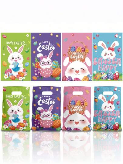50pcs/10pcs Easter Gift Bags With Handles, Plastic Cute Rabbit Candy Bags Wholesale, Adorable Candy Cookies Party Favor Bags For Spring, 4 Styles