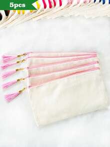 1/5/10/20pcs Elegant Portable Beige Canvas Jewelry Organizer Pouch With Colorful Tassel Decor (2 Styles, 10 Colors Available), Boho Style Tassel Makeup Bag, Reusable Canvas Zipper Pouch For Daily Use, Shopping, Travel, Gym - Beige - View 16