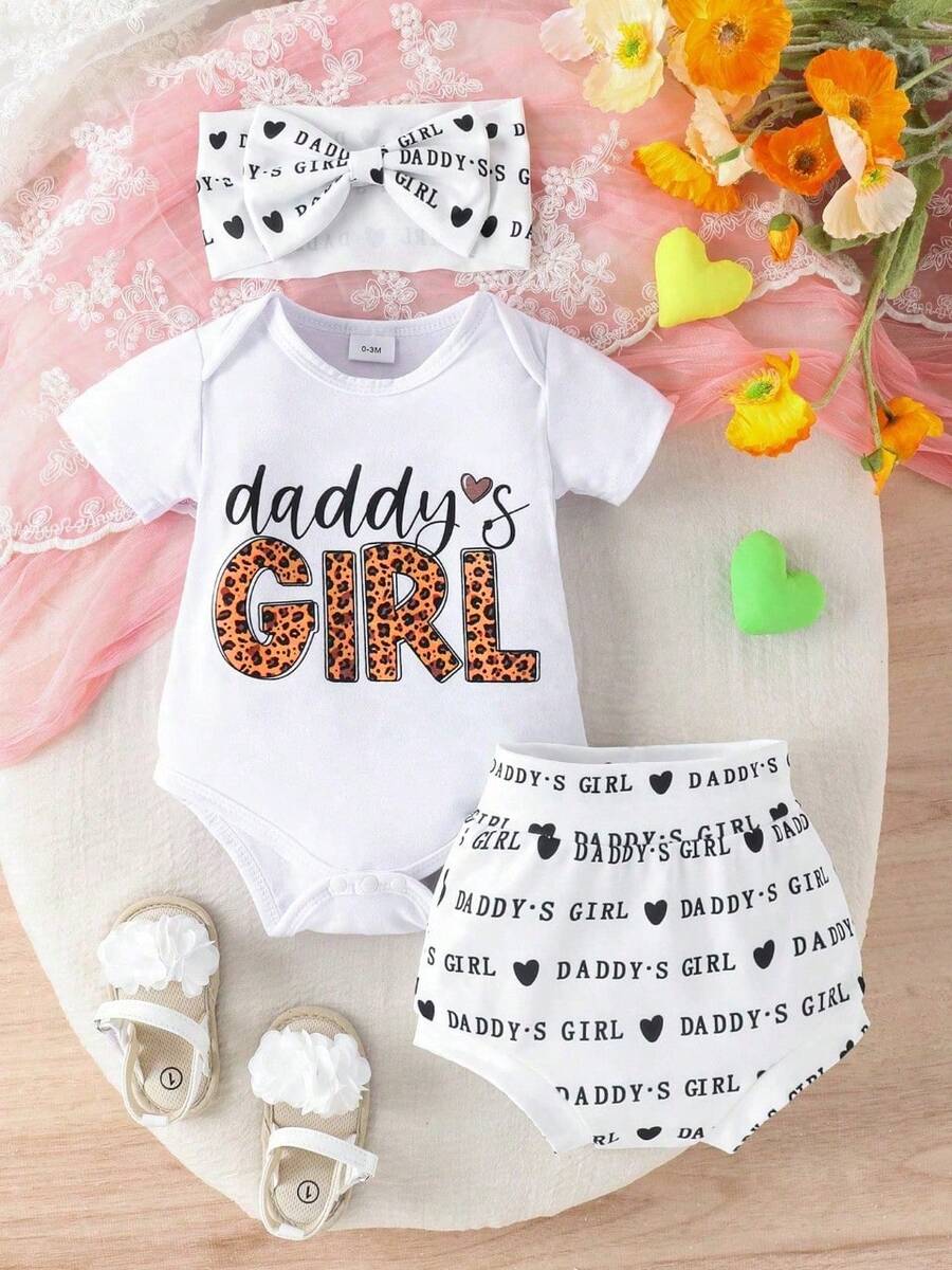 2件套女婴可爱字母印花连体衣+短裤薄款套装，夏季 - 白色 - 查看 1