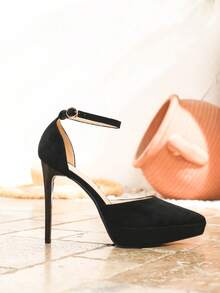 Women's Fashion Sexy Stiletto Thick Bottom Open Toe Sandals, Spring/Summer New Platform Shoes, Pointed Toe Hollow Out Buckle Strap Nightclub Party Dress Pumps, Comfortable Casual Vacation Office Commute Black Suede Heels - Black - View 5