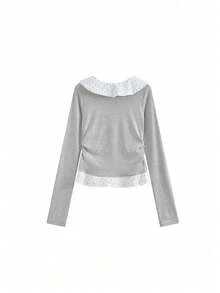 女士法式灰色长袖T恤，春秋新款，波点蝴蝶结圆领露脐上衣 - 灰色 - 查看 5