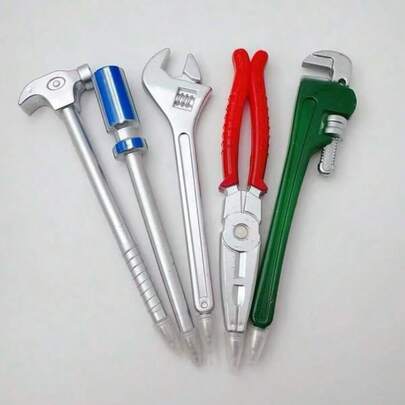 五件套五金工具笔套装，包含扳手、锤子、螺丝刀和黑色墨水，独特的返校礼物