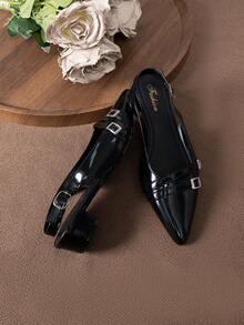 Sandalias de tacón alto de unicolor con hebilla, adecuadas para ir al trabajo, vacaciones, fiestas, oficina, hogar, exteriores, primavera, verano, otoño - Negro - Ver 6