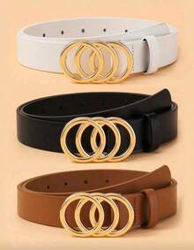Set Of 3 Women's Belts With Double Gold Ring, Casual, Genuine Leather. - 黑色,白色,焦糖色, - 查看 3