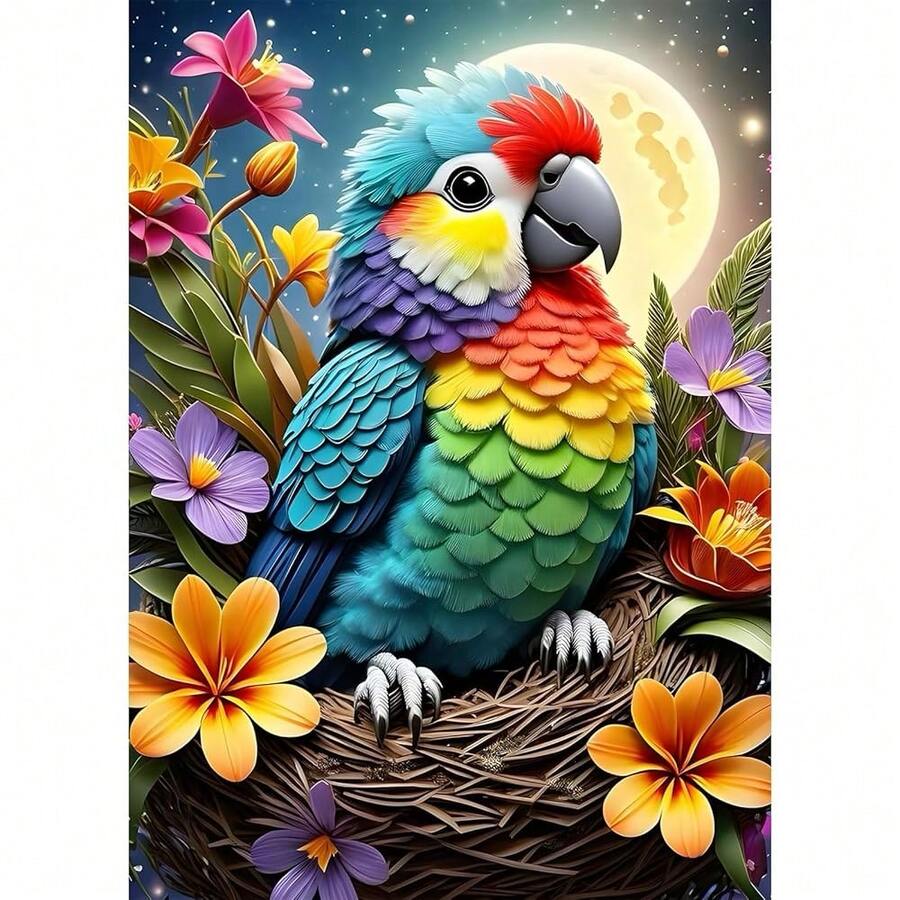GDYEEH DIY Parrot 5D Diamond Art Painting Kit, Flowers Full Round Drill Sparkling Diamond Painting Picture, Moon Light Diamond Painting Art Craft Kits For Adults Beginners, Home Wall Decor 12x16inch - USGD008 - 查看 1