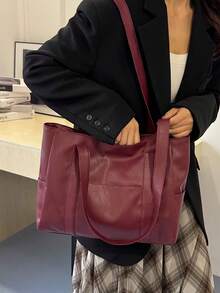 Sac à main transfrontalier, unisexe, mode, matériau en PU, couleur unie, minimaliste, sac à bandoulière/sous le bras/à poignée supérieure multifonctionnel, convient pour un usage quotidien décontracté, les déplacements, les courses, les voyages et diverses occasions - Rouge foncé - Voir 6