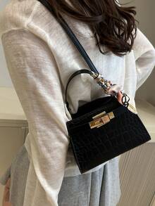 Crocodile Embossed Scarf Decor Flap Cover Handbag, Solid Color Embossed Tote Bag With Fashionable Metal Lock Decor, Mini Shoulder Crossbody Bag For Home, Shopping, Commuting - Black - View 4