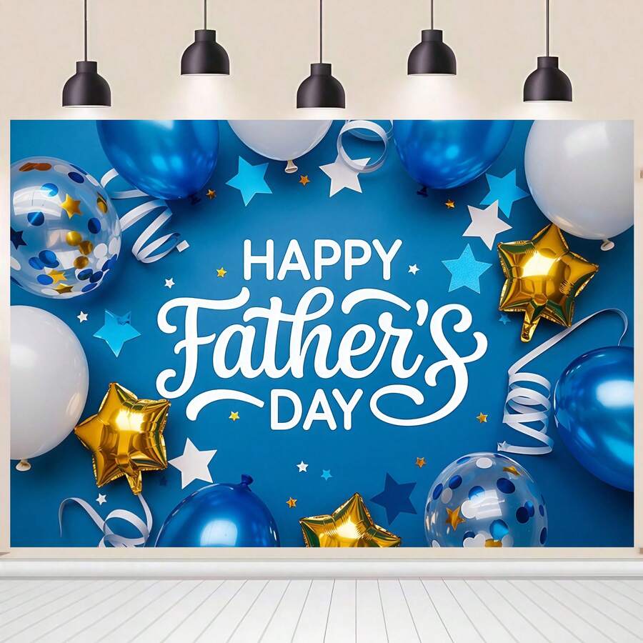 1pc Happy Father's Day Party Banner With Vibrant Blue & Gold Balloons And Fireworks Background, Suitable For Indoor/Outdoor Decor, Home Office And Father's Day Celebration, Father's Day Decoration - Multicolor - View 1