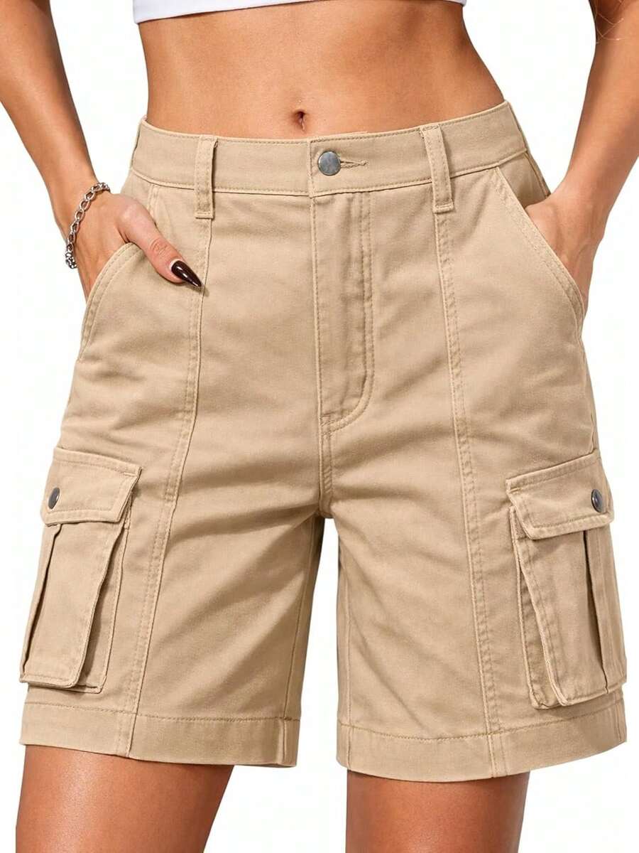 ELLEVEN Bermuda Cargo Shorts Women, Elastic High Waist 6 Pockets Shorts Inch Inseam Summer Jorts Women CasualA Valentine's Day 4RIF - 卡其色 - 查看 1