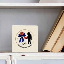 VEHYTINIE DAY WISHES Square White Decorative Wooden Box With Astronaut Holding Red Heart & Orange Rose With Blue Ribbon - Retro Whimsical Design For Valentine's Day Birthday Gift - White - View 2