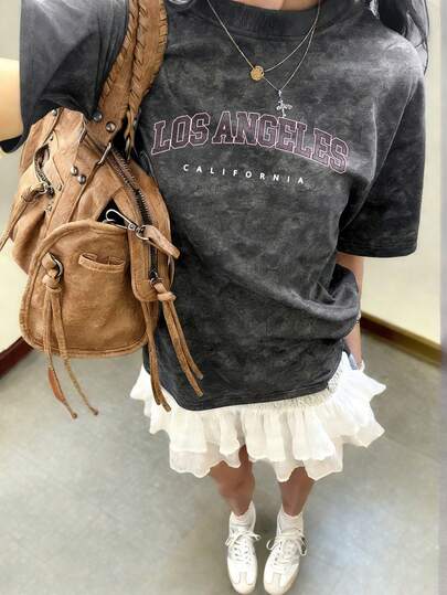 Women's Summer New Simple Letter Print Denim Fabric Casual Loose Versatile Round Neck Short Sleeve T-Shirt, Daily Top, Suitable For Vacation Wear