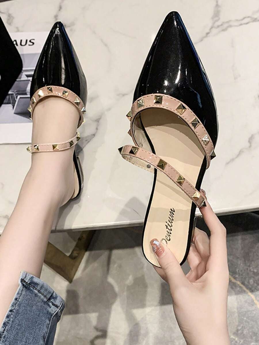 Queen Aura Style, Glossy Rivet Pointed Toe High Heel Sandals, Slimming Chunky Heel Outdoor Slippers, Perfect For Skirts And Jeans - Black - View 1