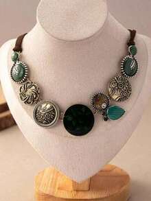 1pc Vintage Western Boho Luxury Floral Textured Pendant Necklace For Women - màu xanh lá - Xem 3