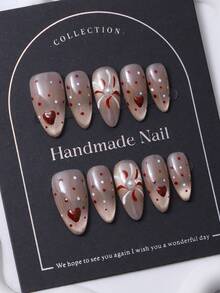 10片/套，手工制作欧式杏仁形美甲贴纸，Y2K红色主题，手绘渐变微闪点，手绘绽放爱心烟花仿珍珠图案美甲装饰。包含1片果冻胶和1个指甲锉。非常适合日常美甲，也适合科切拉音乐节派对造型，是美甲贴纸和指甲护理的理想之选。美甲用品 手工按压式美甲 - 紅色 - 查看 3