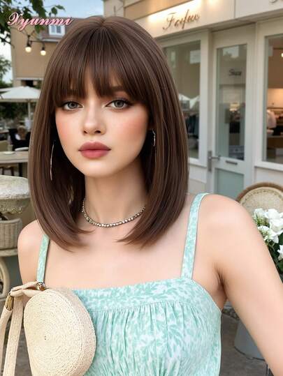 XYUNMI Classic Dark Brown Short Bob Synthetic Wig Lightweight Bangs Women's Wig Soft And Fluffy Modern Fashion Style Everyday Wear Simple Casual Date-Ready Heat-Resistant Wig 12 Inch
