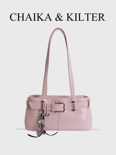 CHAIKA & KILTER 1pc Solid Color PU Fabric Shoulder Bag For Women, Vintage Fashion Underarm Hobo Bag With Strap Decor, Zipper Closure, Dual Handles, Suitable For Daily Shopping (Sold With Pendant)
