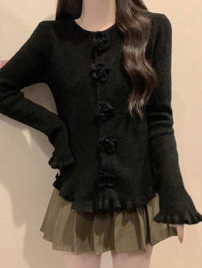 Women's Cardigan With Ruffled Rose Button Asymmetrical Hem, Bell Sleeve Top