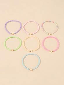 7pcs/Set Girls' Colorful Beaded Heart Charm Bracelets Set, Suitable For Daily Decoration - Multicolor - View 6