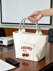 Cherry Print Canvas Tote Bag, Suitable For School, Office, Commute, Mommy Bag, Lunch Box Bag, Handbag